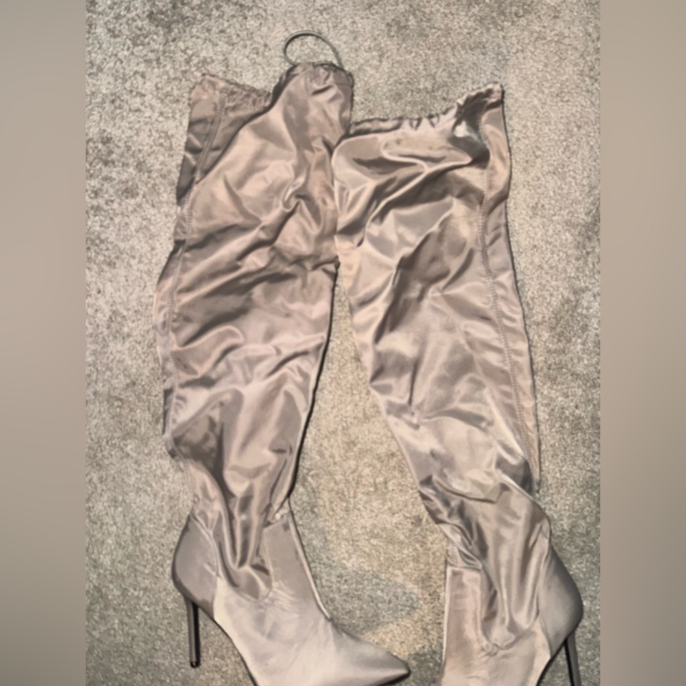 Sexy Taupe Stiletto Thigh High Boots - Picture 3 of 5